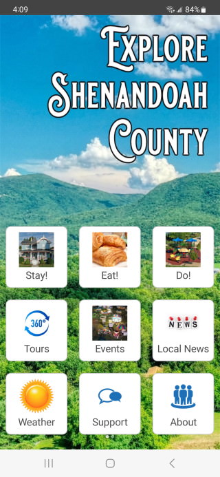 Shenandoah County tourism app main screen